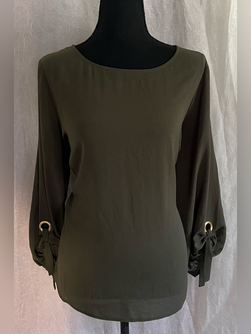 Olive Green Long Sleeve Blouse with gold detail on sleeves